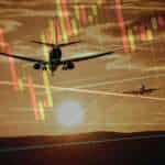 Graphic of airliners and share trading chart.