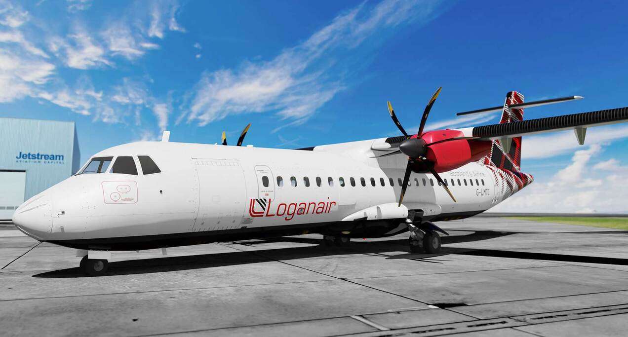 A Loganair ATR72-600 parked in front of the hangar.