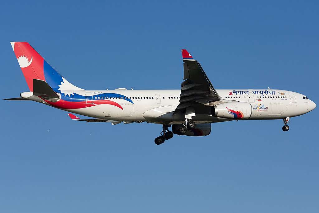 A Nepal Airlines A330 approached to land.