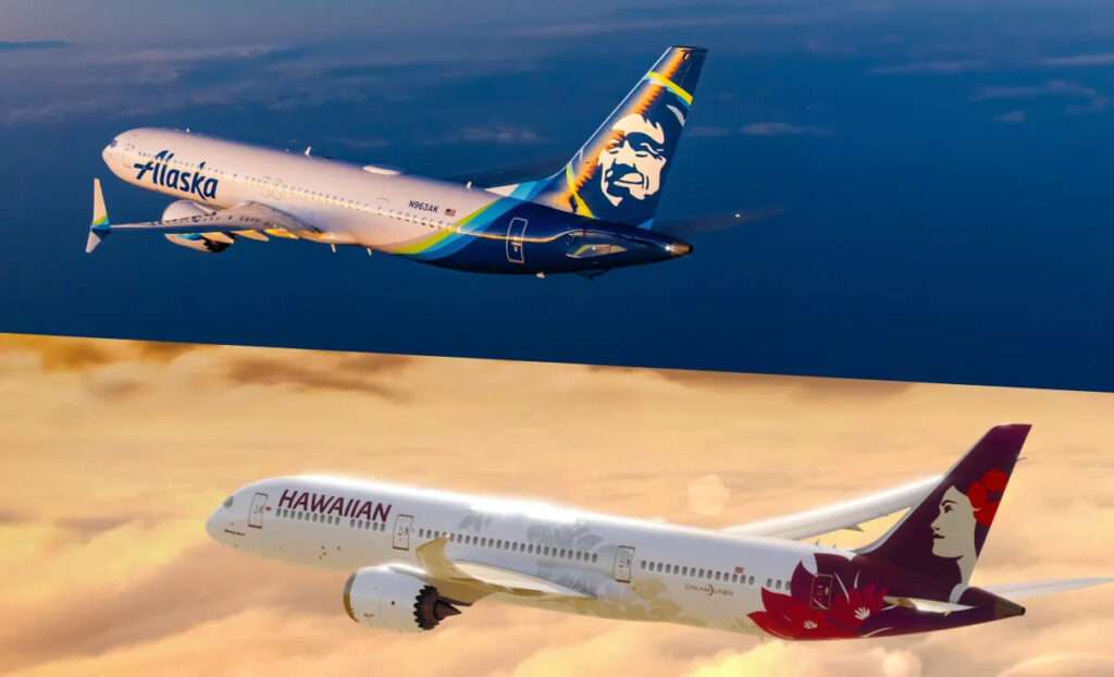 Graphic of Alaska Airlines and Hawaiian Airlines aircraft flying together.
