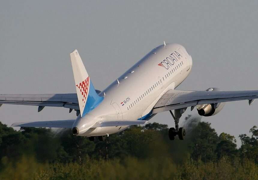 A Croatia Airlines Airbus taking off.
