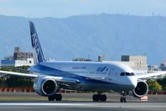 An All Nippon Airways ANA Boeing 787-9 on the taxiway.