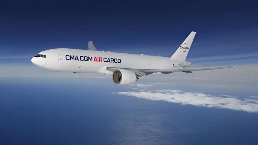 Render of a CMA CGM Air Cargo B777 freighter in flight.