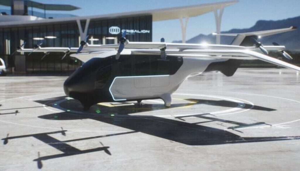 Render of a Crisalion eVTOL aircraft parked at a vertiport.