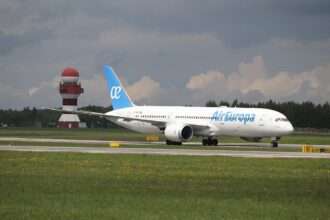 An Air Europa Boeing 787-9 taxis after landing.