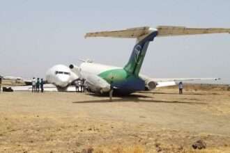 A Safe Air Boeing 727 and African Express MD-82 after a collision at Malakal Airport.