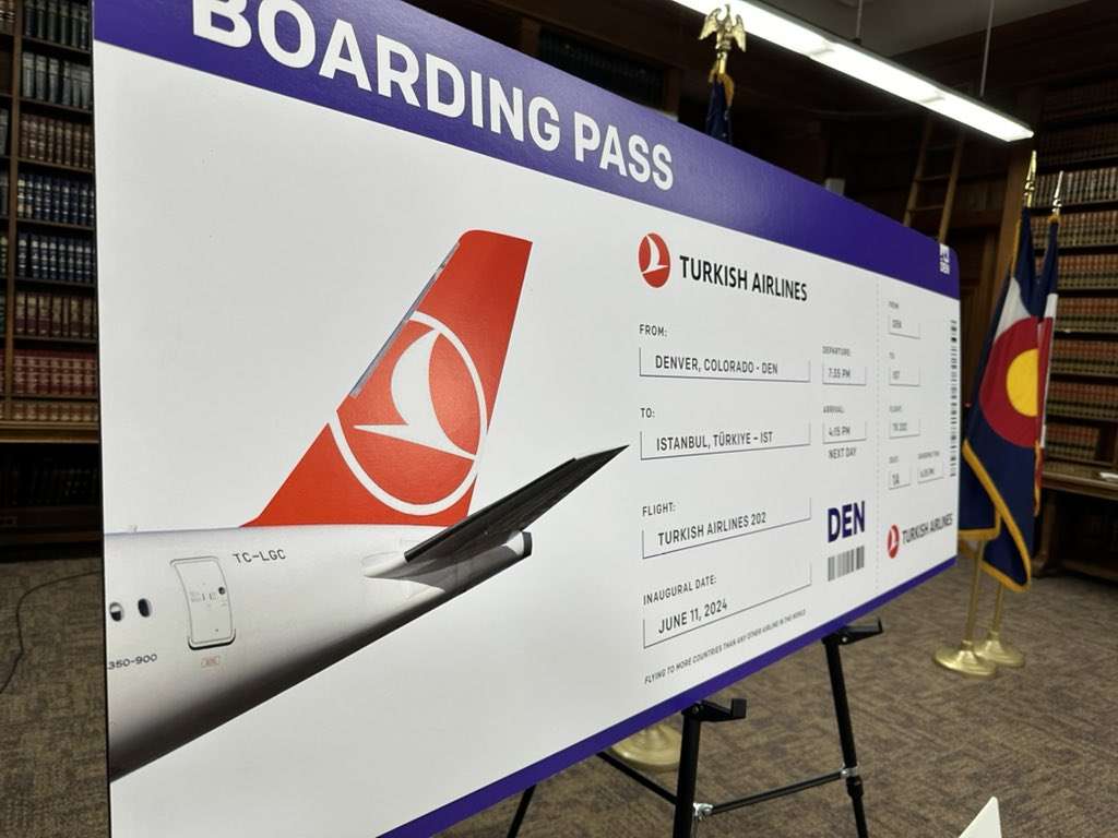 A display boarding pass for new Turkish Airlines Istanbul-Denver service.