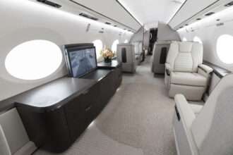 Passenger cabin interior of Gulfstream G700 jet.