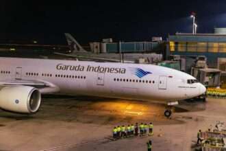 A Garuda Indonesia aircraft parked at Doha Hamad International Airport