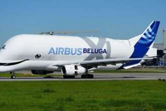 An Airbus Beluga on the taxiway.
