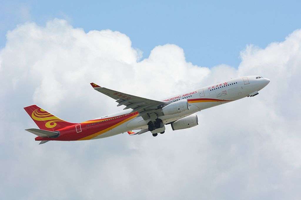 A Hong Kong Airlines A330 climbs after takeoff.