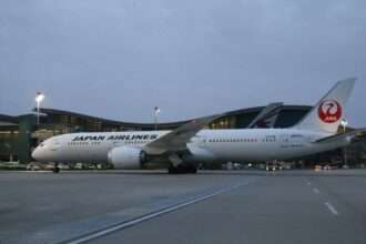 A Japan Airlines 787 Dreamliner parked at Doha Hamada International Airport
