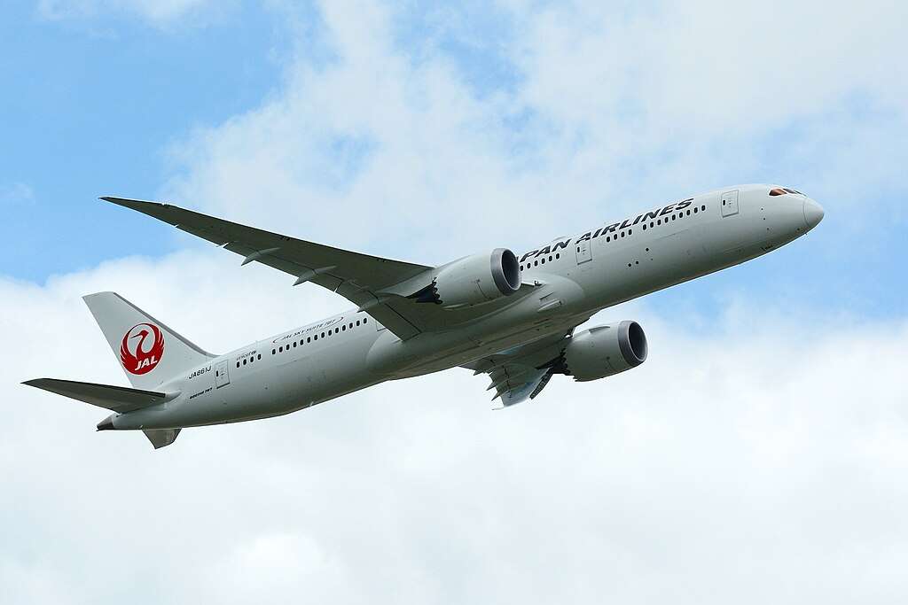 A Japan Airlines 787-9 Dreamliner passes overhead.