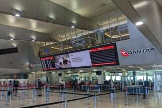 Interior view of Qantas check-in at Melbourne Airport.