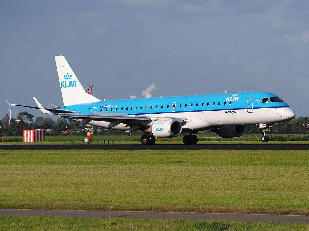 A KLM Cityhopper E190 on the runway after landing.