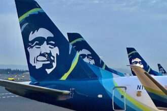Tailplanes of parked Alaska Airlines aircraft.