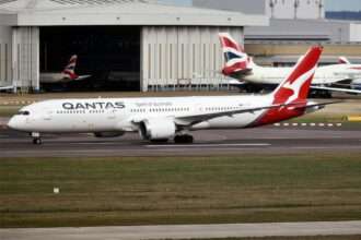 A Qantas 787-9 taxis at London Heathrow.