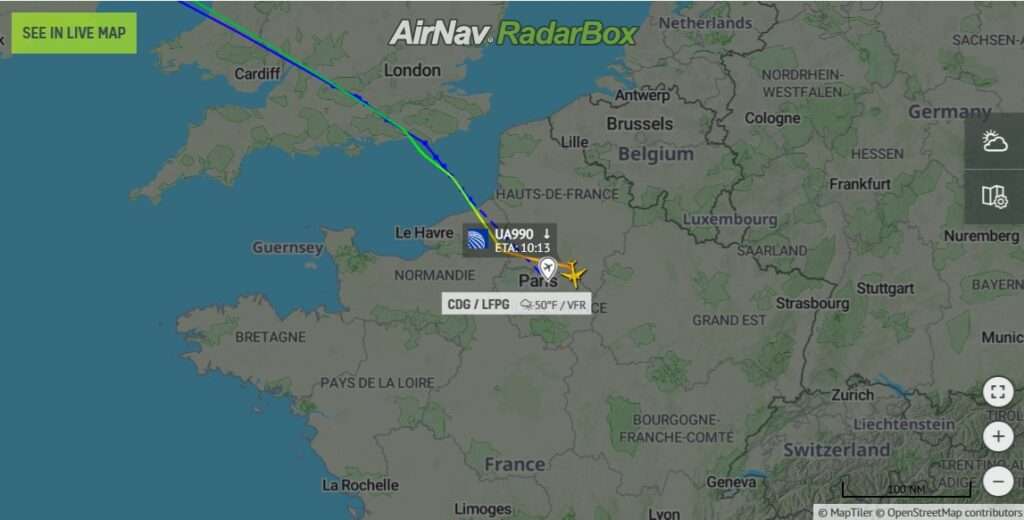 Flight track of United Airlines 777 emergency from San Francisco to Paris