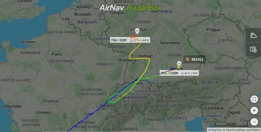 Flight plan of Condor flight DE1412 showing diversion to Frankfurt