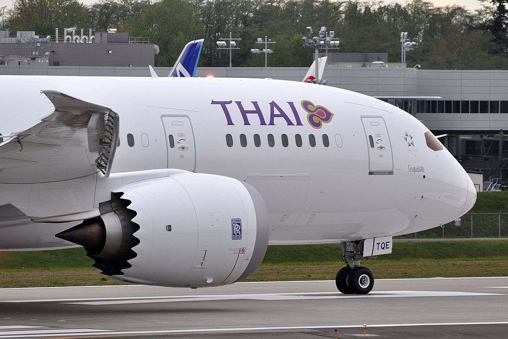 A Thai Airways Boeing 787-8 taxis for takeoff.