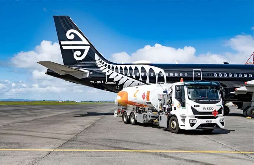 An Air New Zealand aircraft with SAF refuelling tanker.