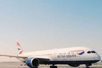 A British Airways Dreamliner on the taxiway.