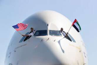 An Etihad Airways A380 lands in New York
