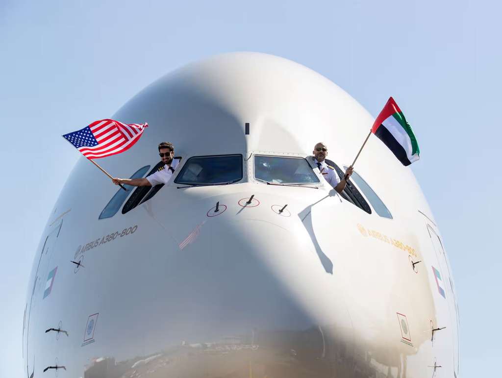 An Etihad Airways A380 lands in New York