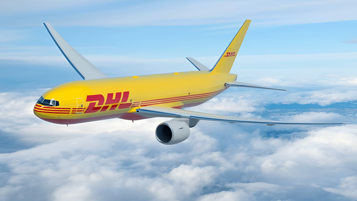 Render of a DHL 777-200 freighter in flight.