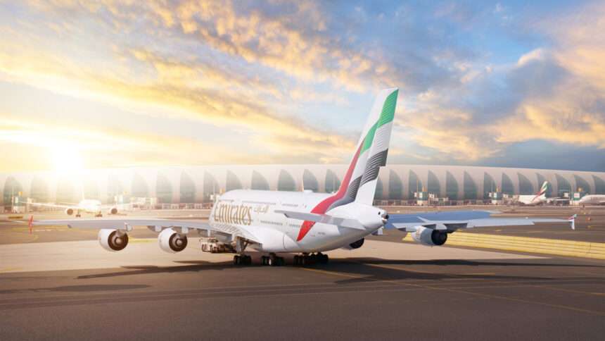 An Emirates A380 taxies as the sun rises.