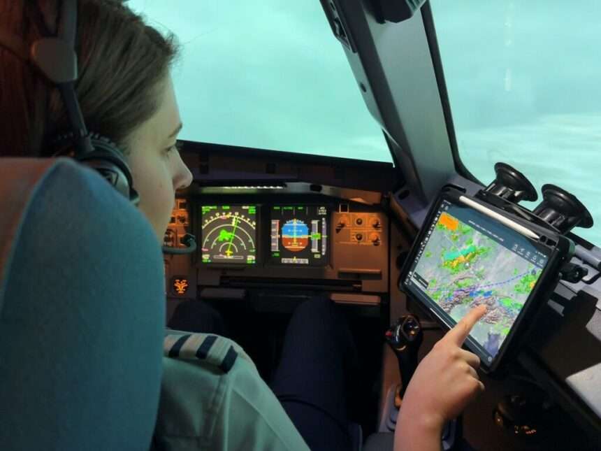 A British Airways pilot operates a real-time weather app.