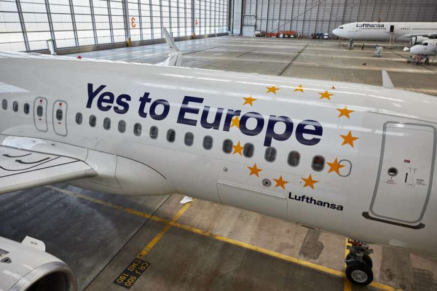 A Lufthansa aircraft in special 'Yes to Europe' livery.
