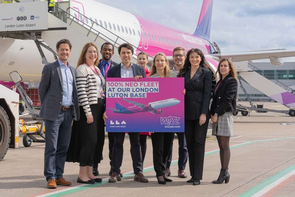 Luton Airport and Wizz Air staff with A321neo aircraft.