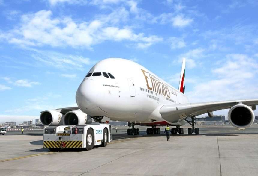 An Emirates Airbus A380 with tow vehicle.