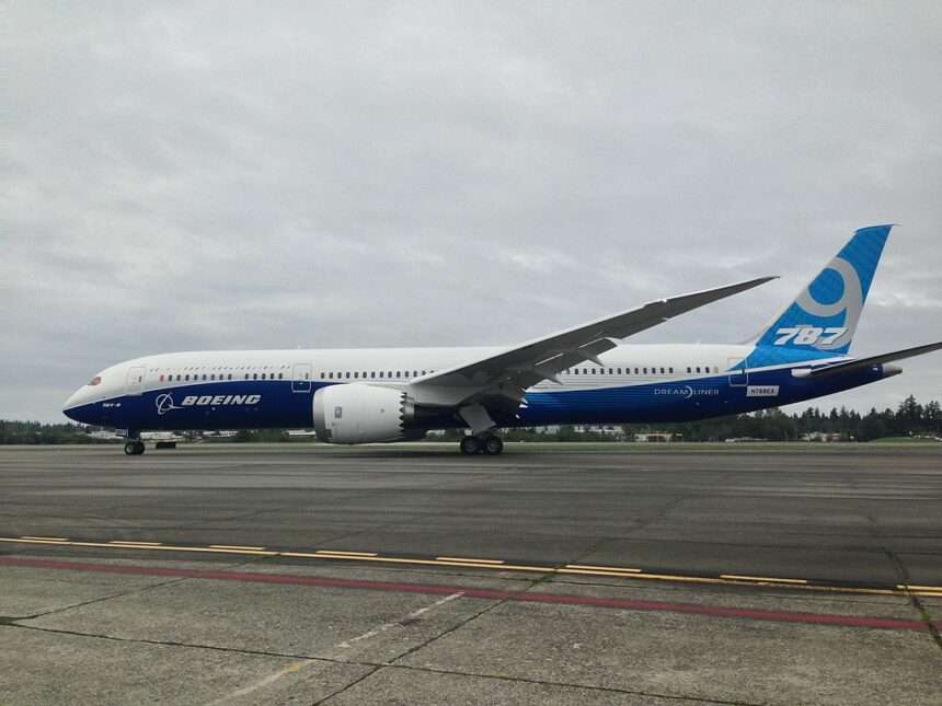 A Boeing 787 Dreamliner on the taxiway.