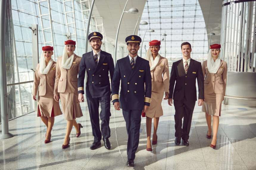 A group of Emirates flight crew and cabin crew.
