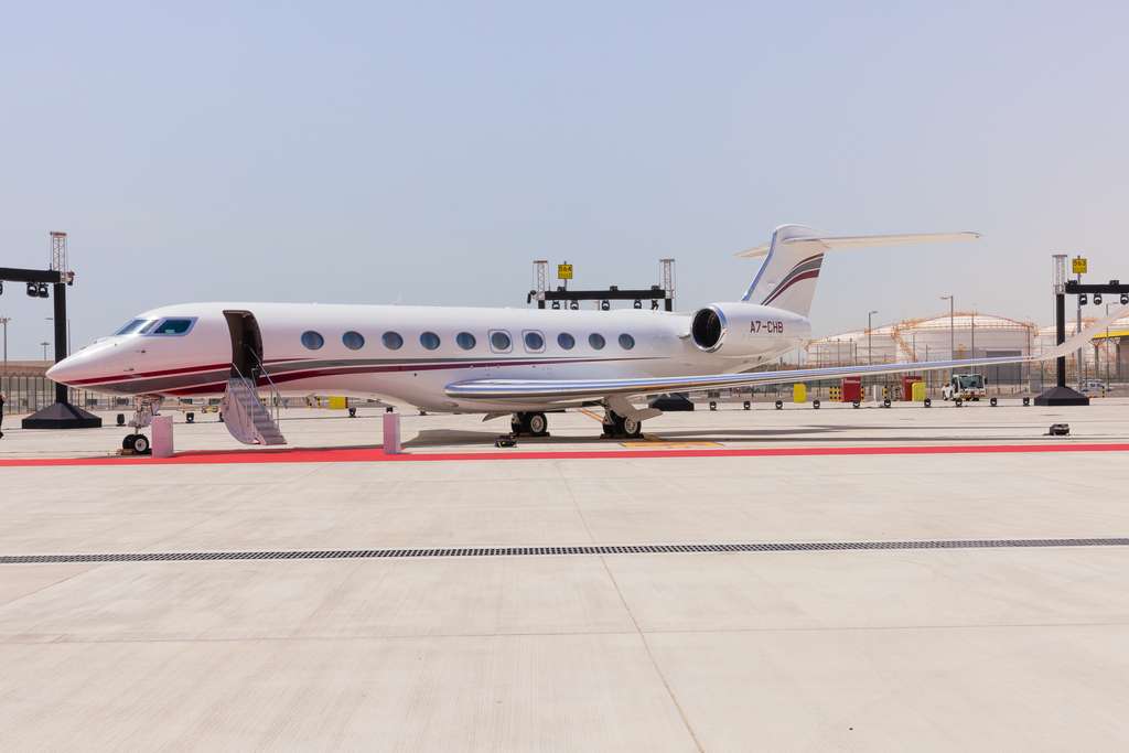 A Qatar Executive Gulfstream G700 private jet on the tarmac.