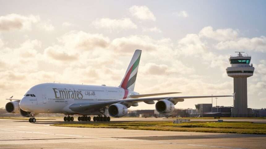 Emirates aircraft taxiing at London Gatwick Airport