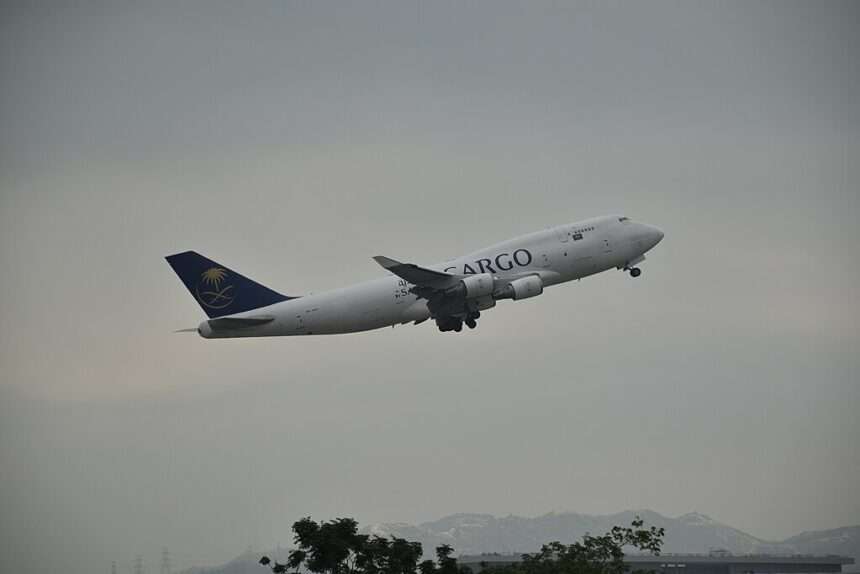 A Saudia Cargo 747 freighter takes off.