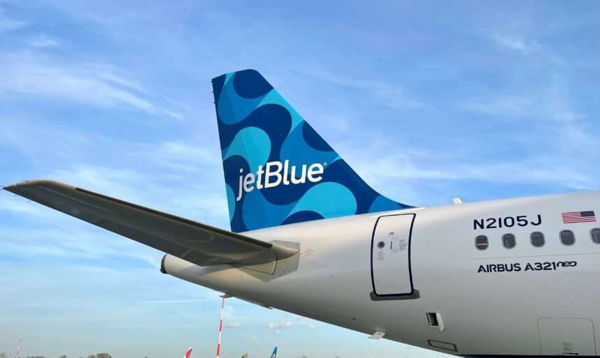Tailfin of a JetBlue aircraft