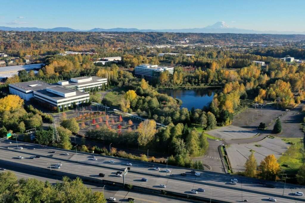Aerial view of the Alaska Airlines Longacres property in Renton, Wash.