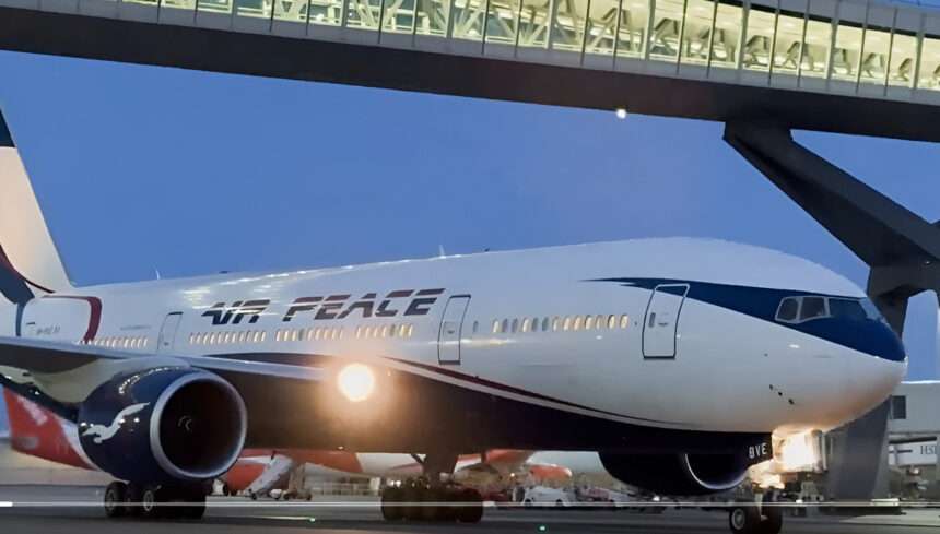 An Air Peace Boeing 777 taxis at London Gatwick Airport