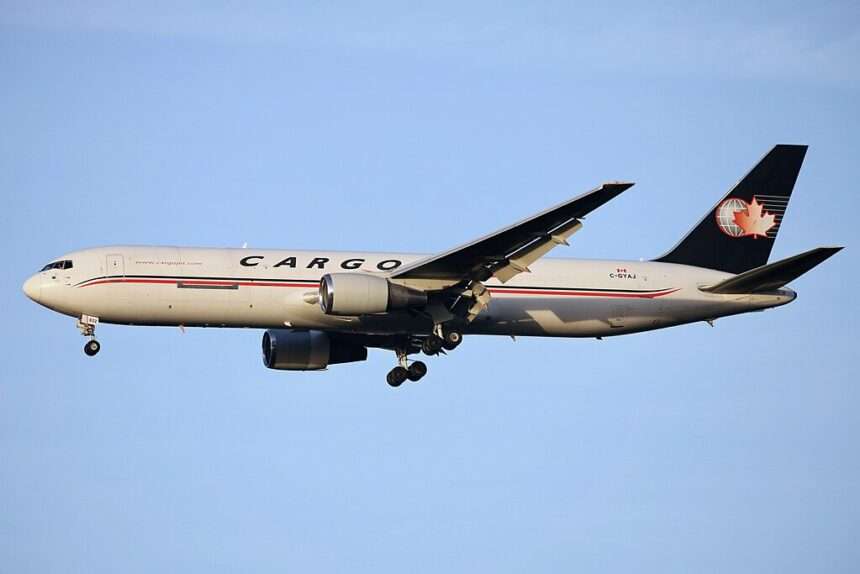 A Cargojet 767 freighter approaches to land.