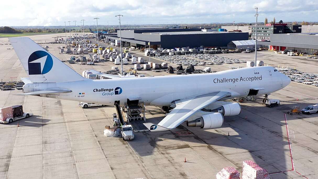 A Challenge Group Boeing 747 freighter is loaded at Liège Airport.