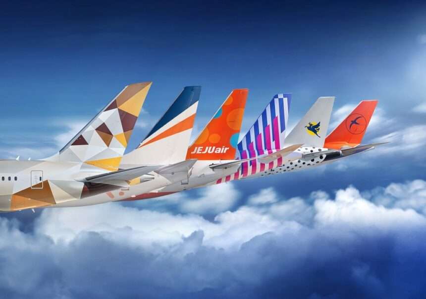 Render of Etihad Airways tailplane with 5 airline partners tailplanes.