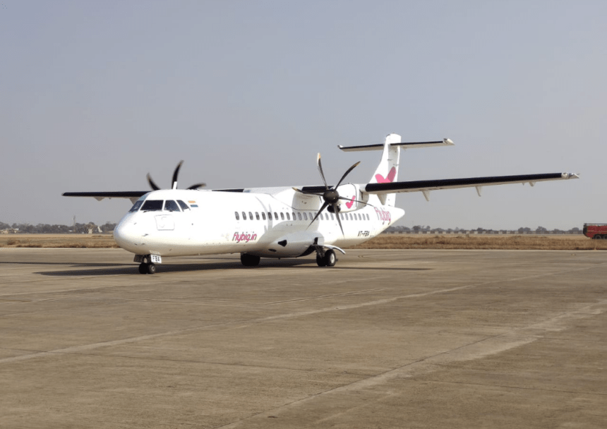A flybig Dash 8 aircraft taxis after landing Raipur.