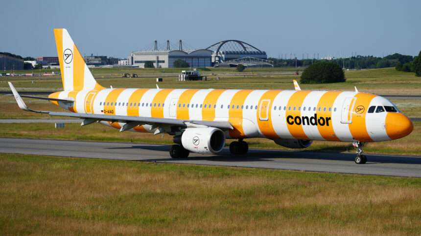 A Condor Airbus A321 on the taxiway.