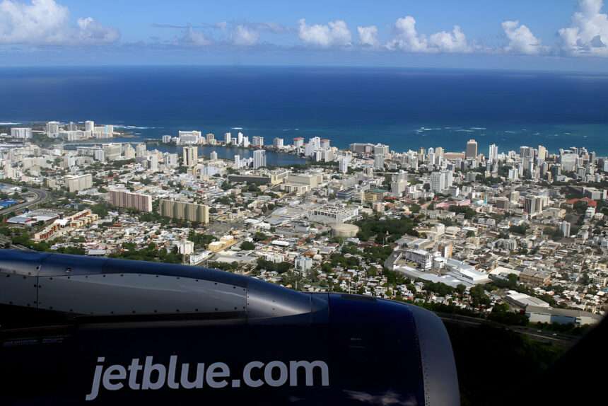Aerial view of San Juan, Puerto Rio from JetBlue aircraft.