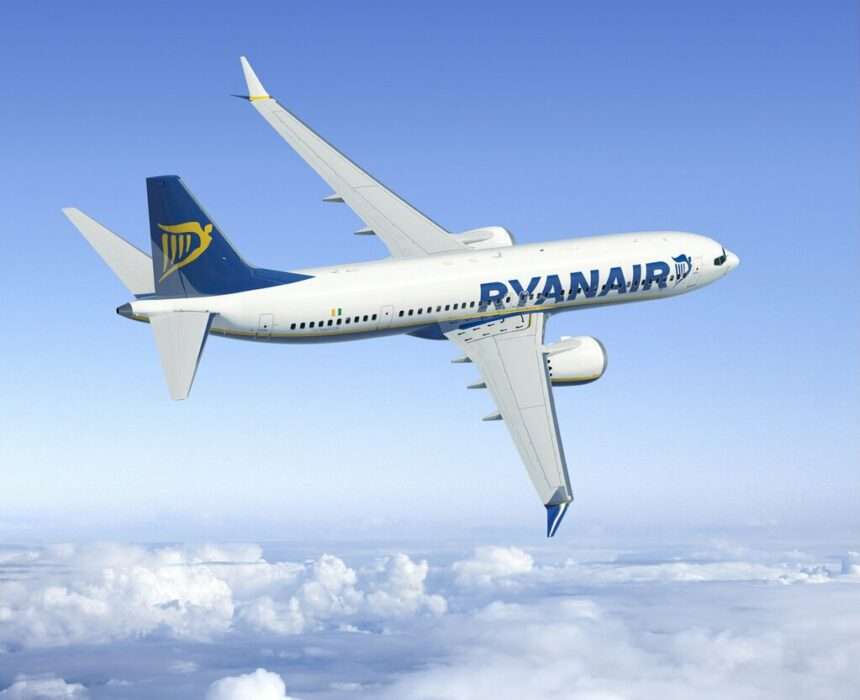 A Ryanair 737 banks in flight.