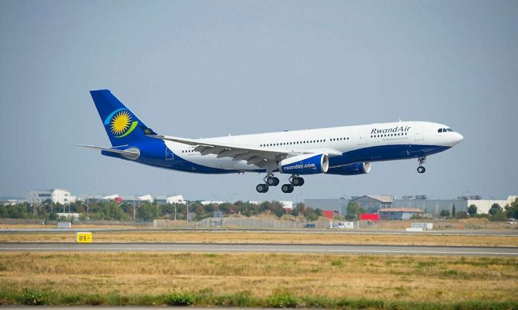 A Rwandair A330 takes off.